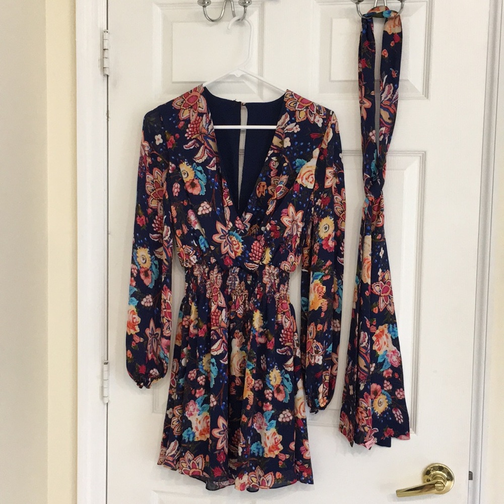 Floral Lon sleeve dress with scarf/ hair piece